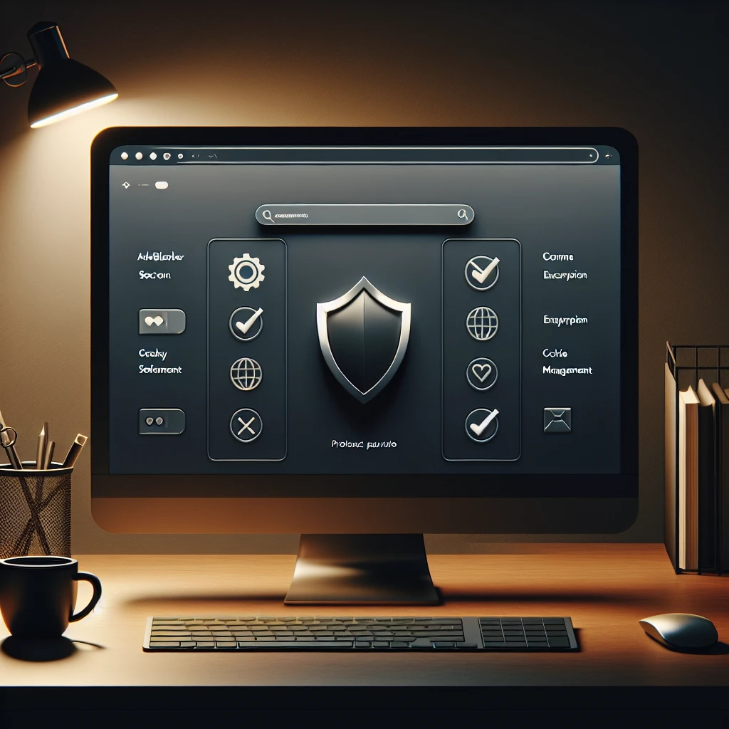 "Close-up of a computer screen displaying the Brave browser interface, showcasing privacy features and user settings, illustrating tips for selecting a privacy-focused web browser."