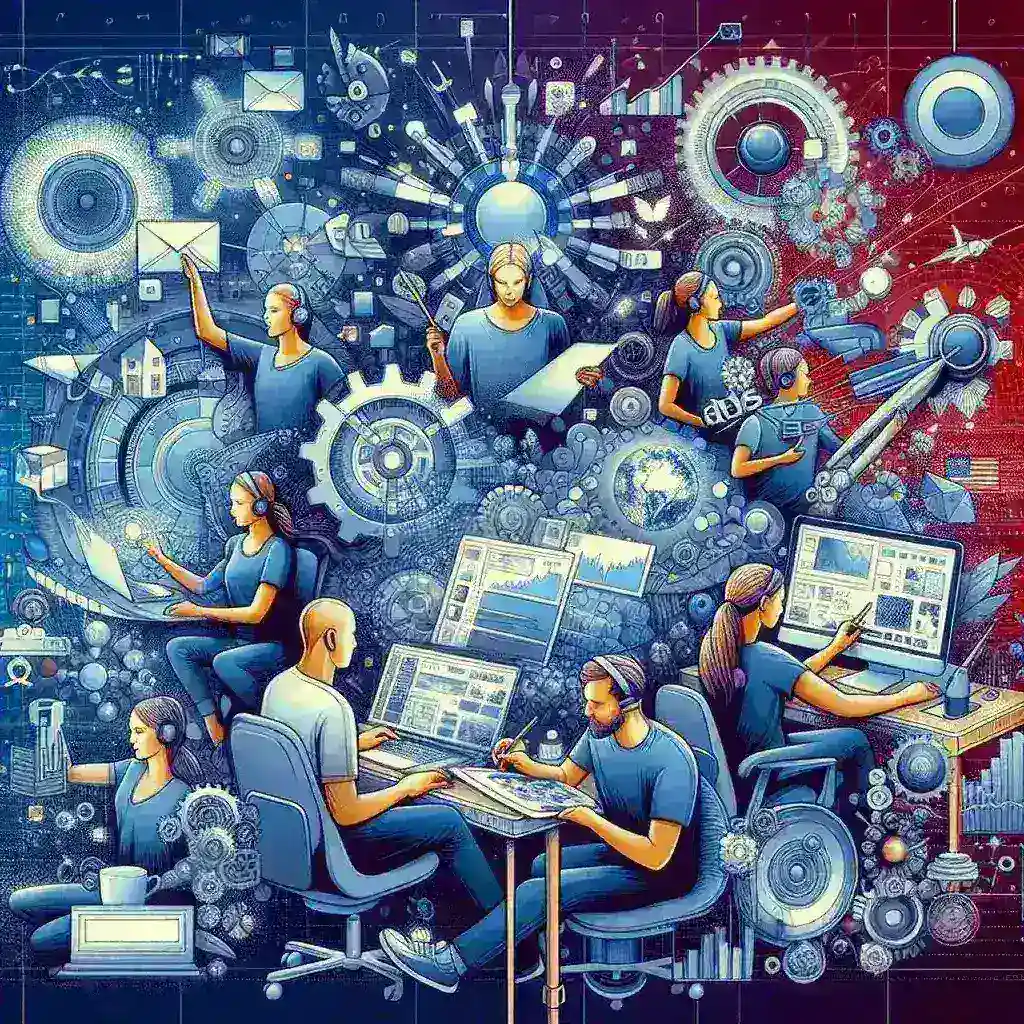 "Adobe-style AI content creation tools transforming creative industries in the U.S., showcasing innovative technology in graphic design, video editing, and marketing."