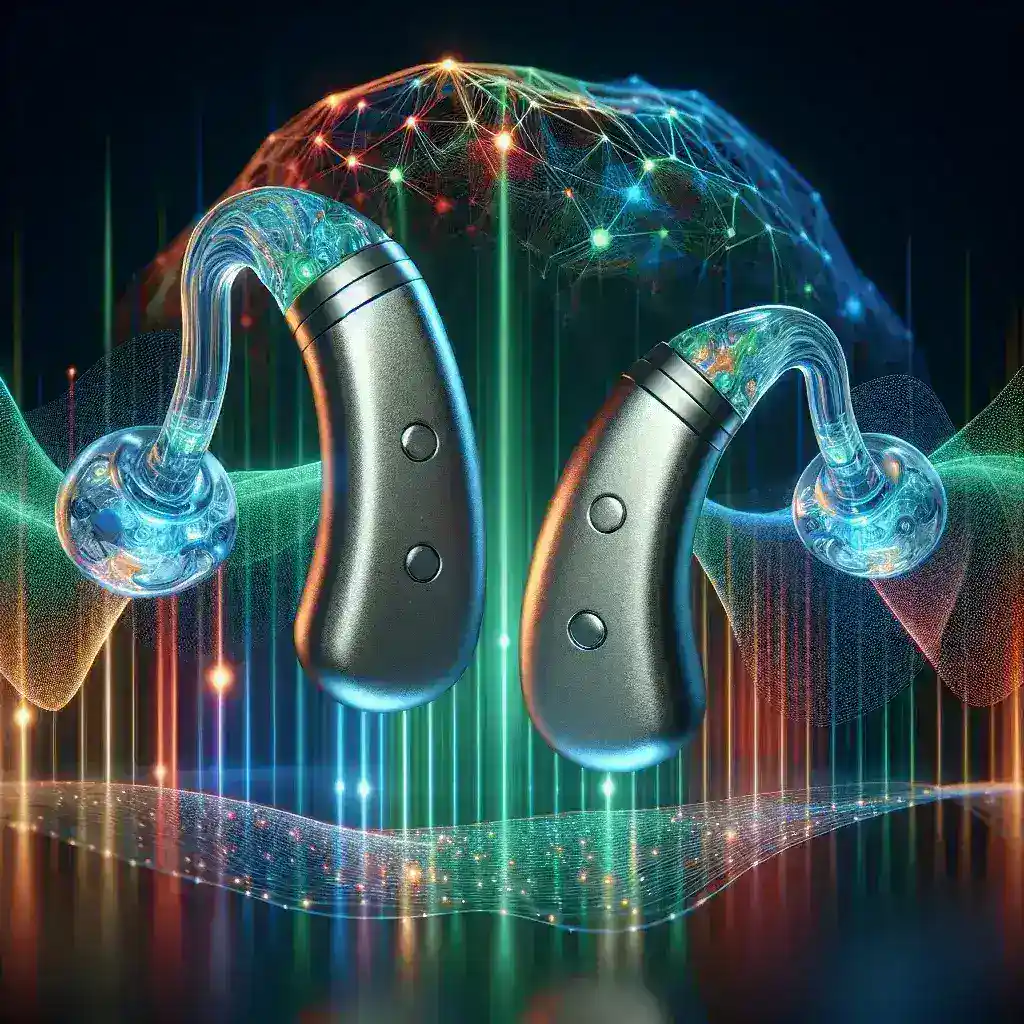 "AI-powered adaptive hearing implant device showcasing advanced technology for improved natural sound reproduction in users."